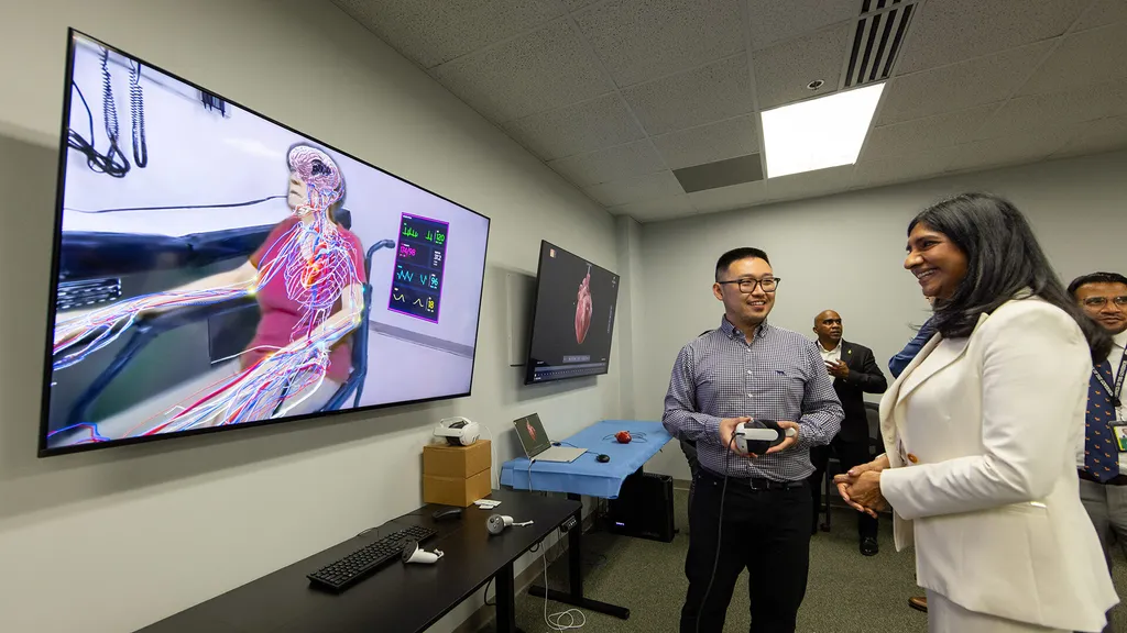 two people look at patient scenario on screen
