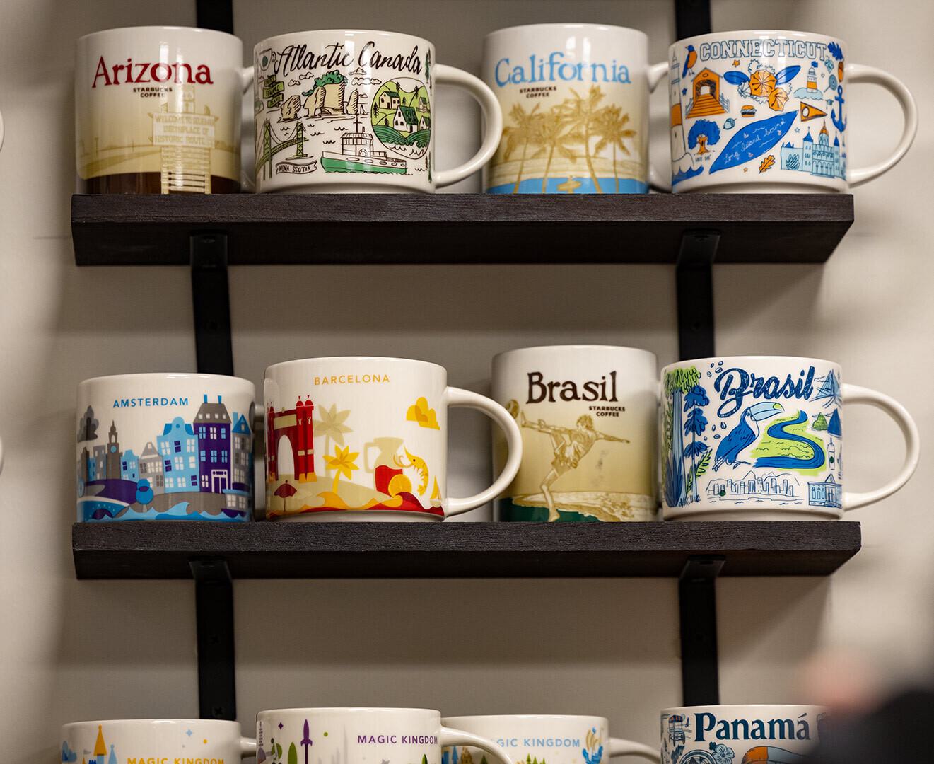 shelves of mugs