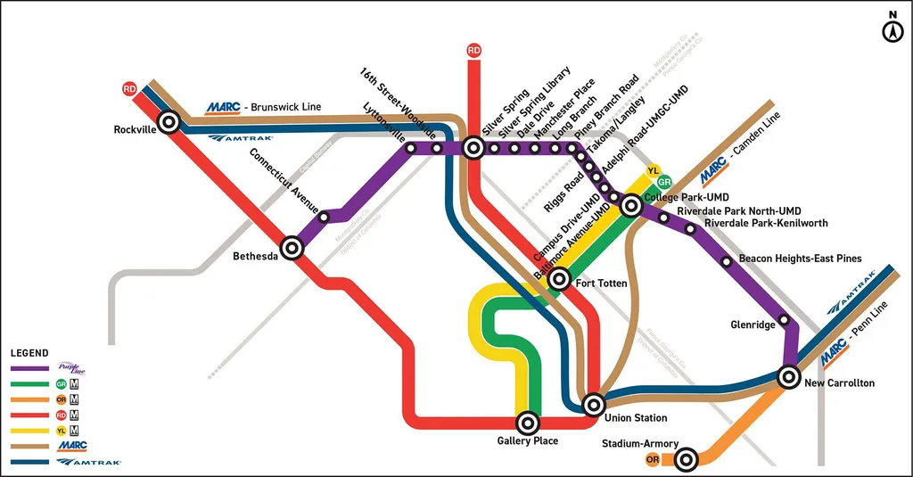 map of Purple Line connections to Metro lines, MARC and Amtrak