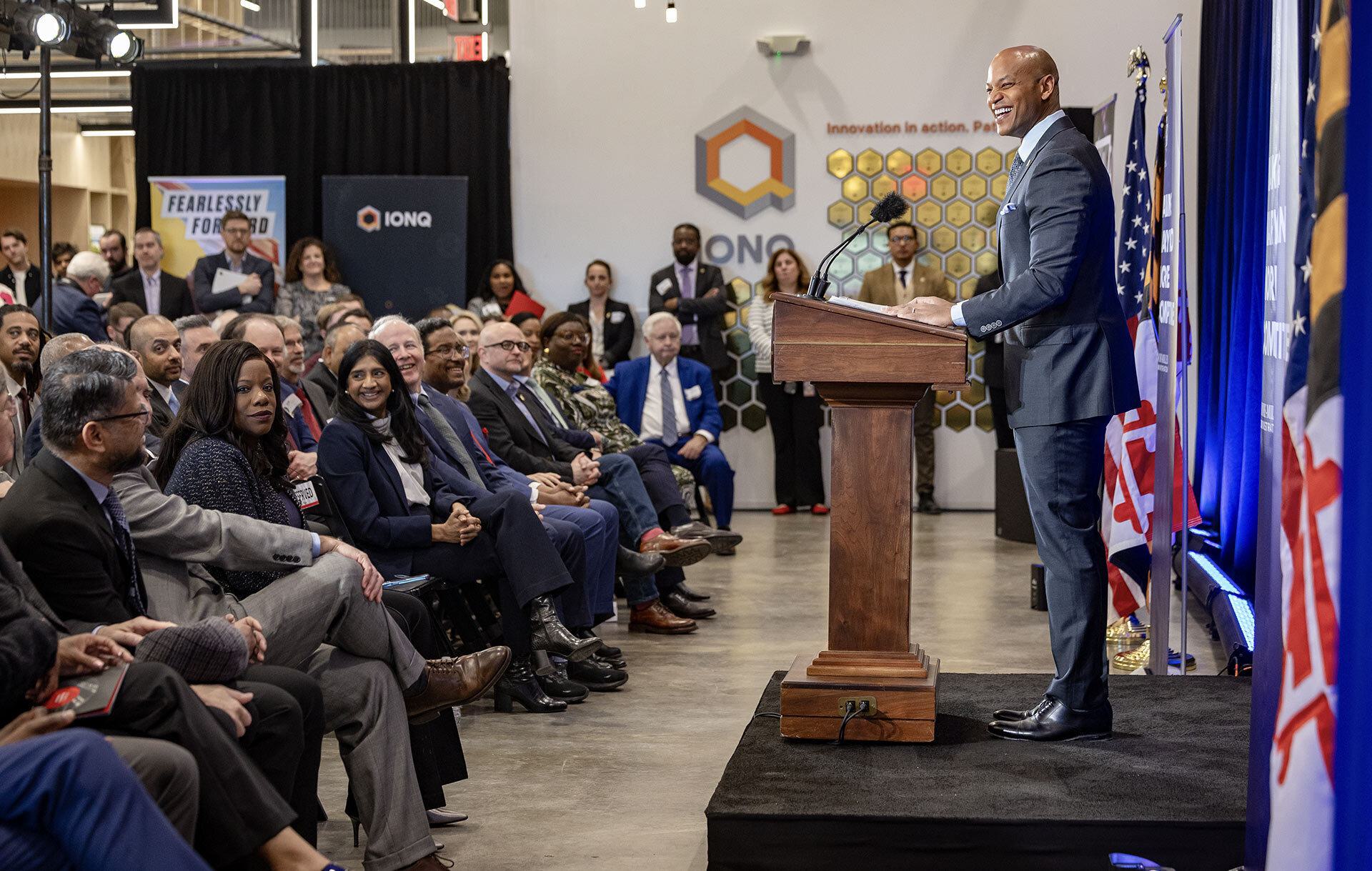 Gov. Wes Moore speaks at podium
