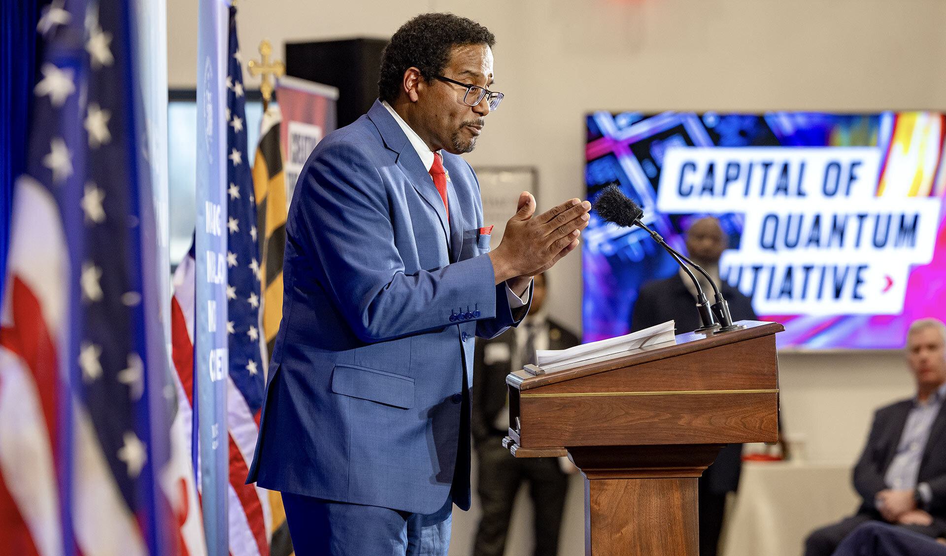 Darryll J. Pines speaks at podium