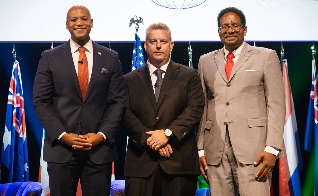 Gov. Wes Moore, Microsoft Executive Vice President Jason Zander and UMD President Darryll J. Pines
