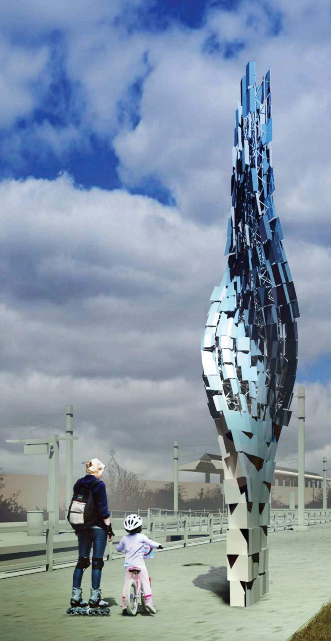 train station with towering twisted sculpture
