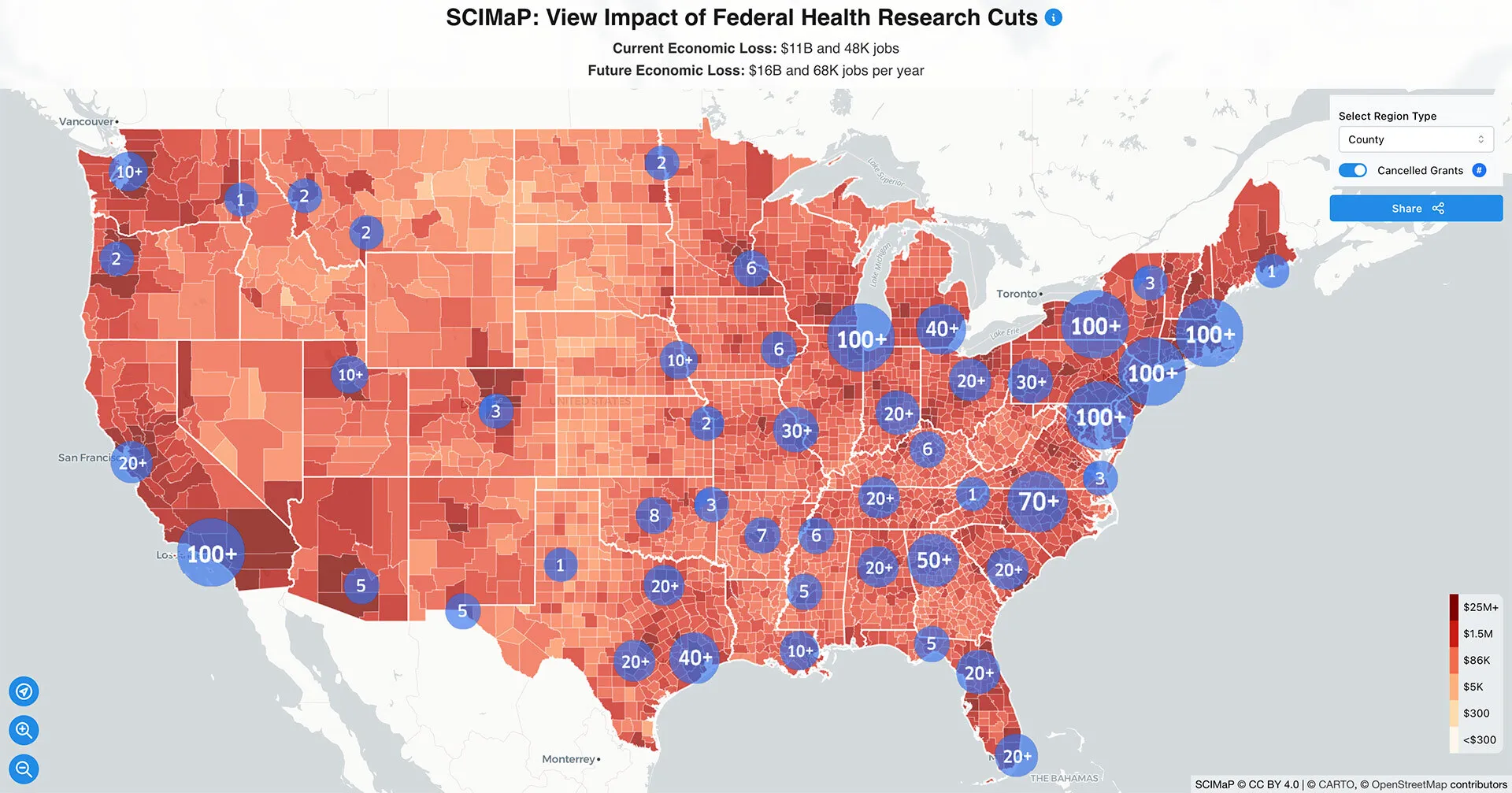 SCIMaP: View Impact of Federal Health Research Cuts over a red map with blue dots with numbers