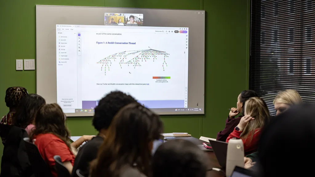 students in class look at screen showing graphic: A Reddit Conversation Thread