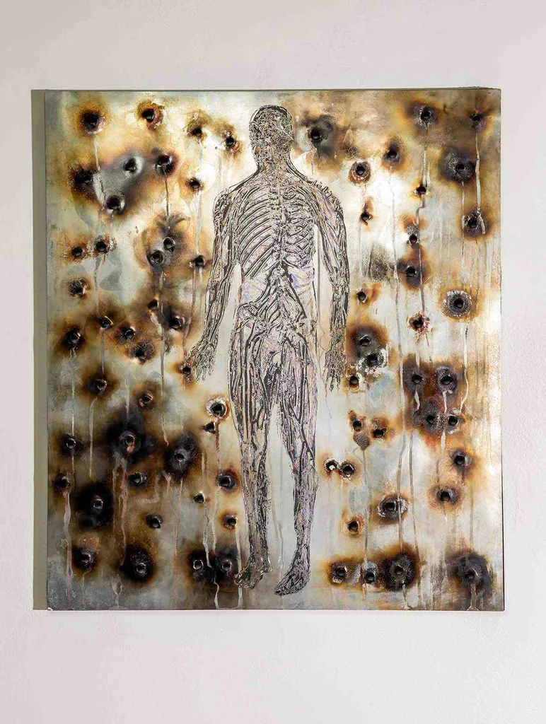 A nervous system made of gun components on a field of bullet-riddled steel
