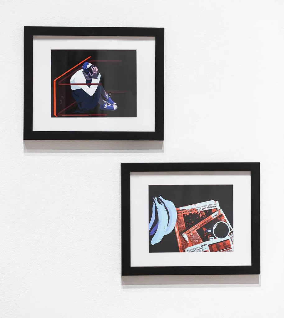 framed images of student hiding under desk and newspapers with gun violence headlines