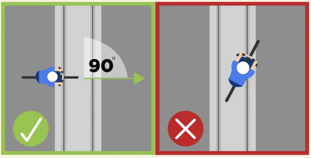 green checkmark next to biker crossing tracks at 90-degree angle. Red X next to biker crossing diagonally
