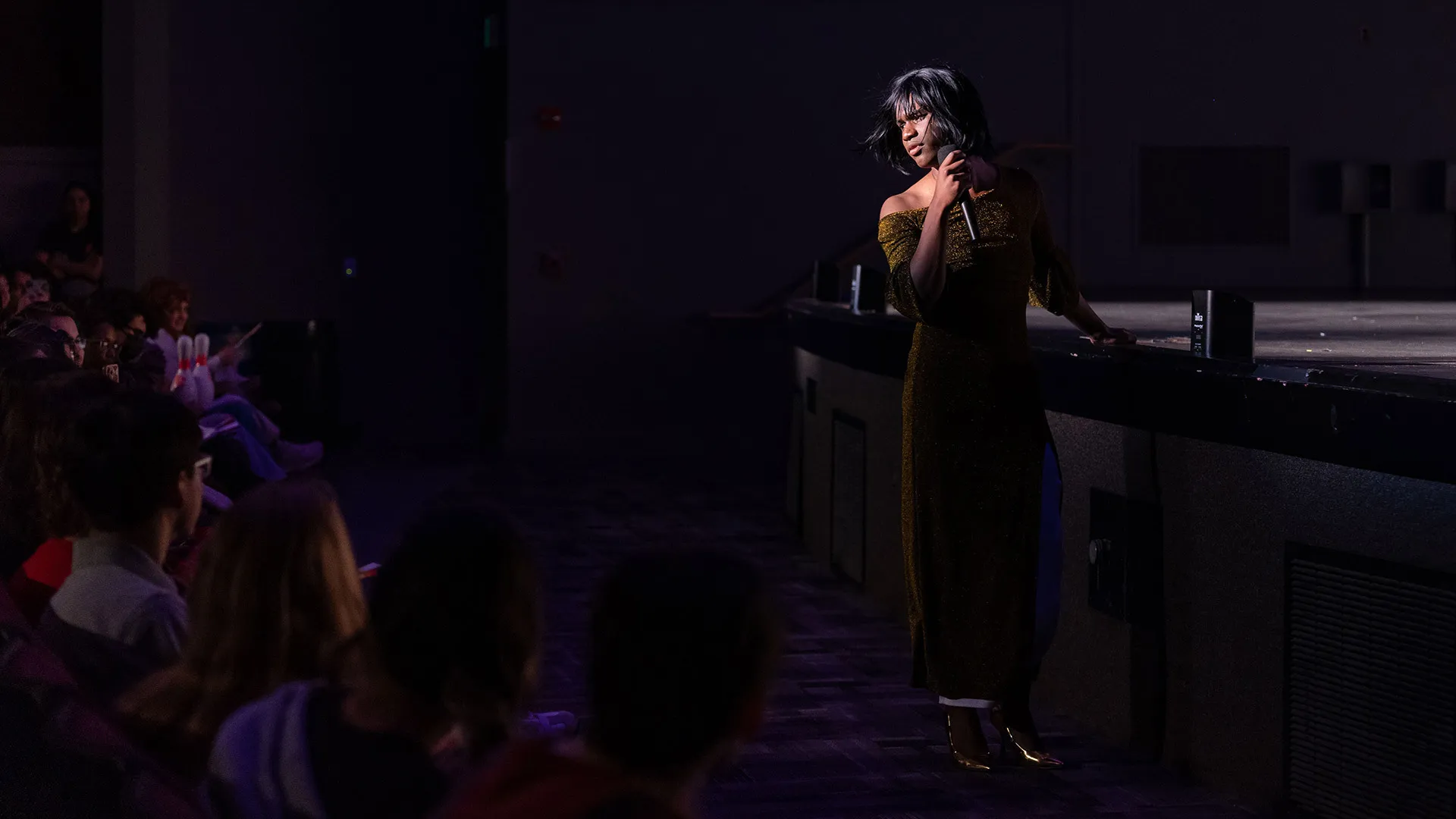 Person in a fancy dress holds a microphone in front of a crowd in a dark auditorium