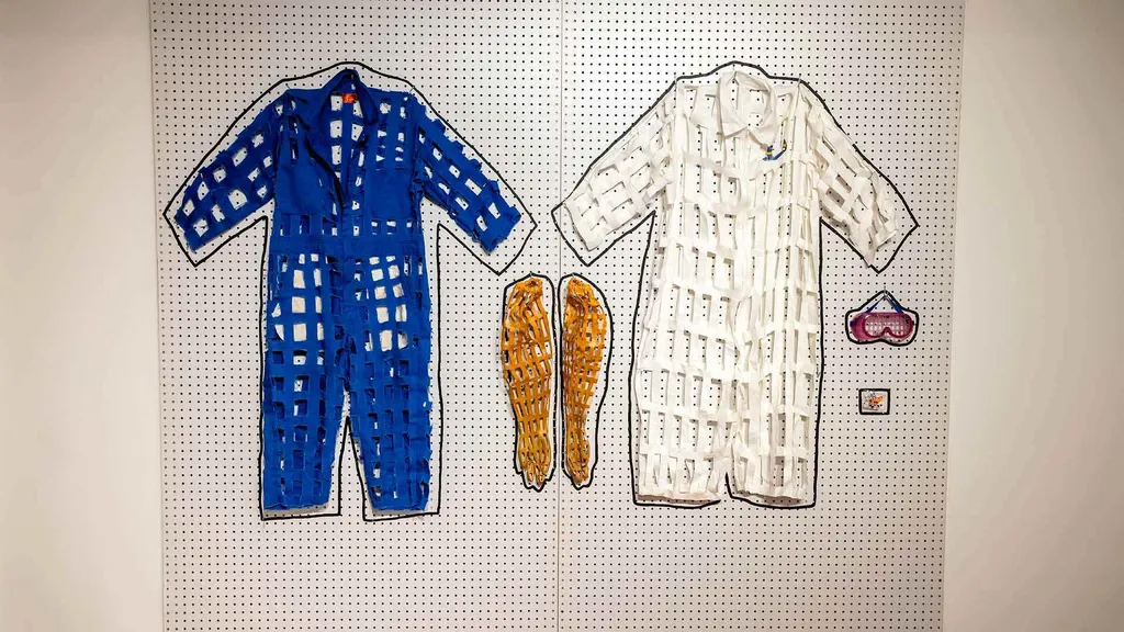 blue and white jumpsuits with several cut-outs