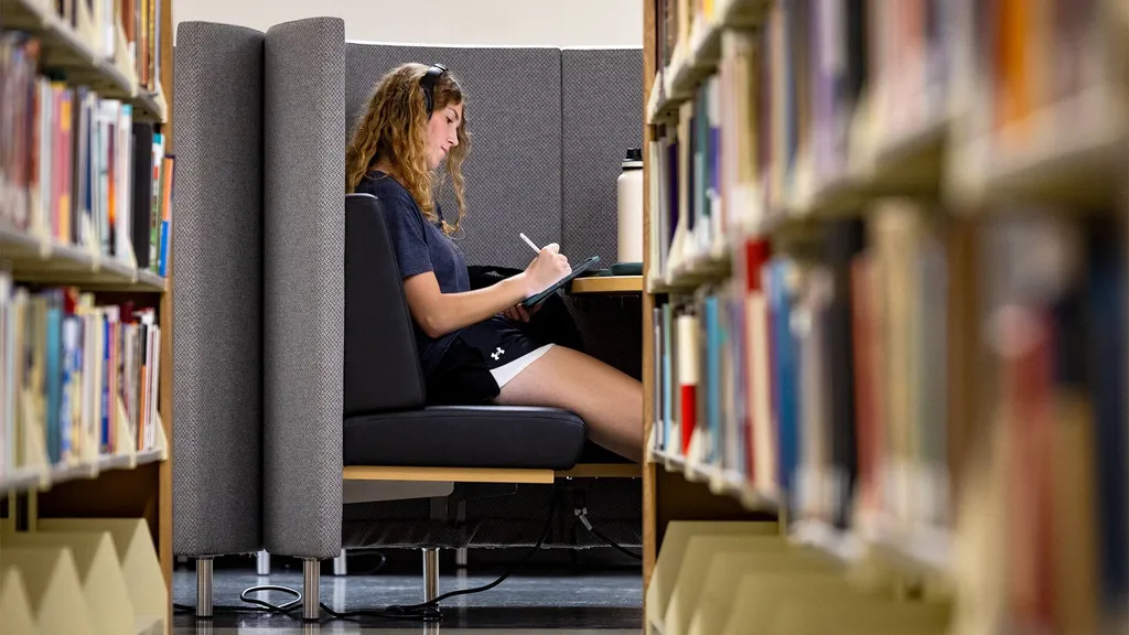 A student in a study pod behind shelves of books