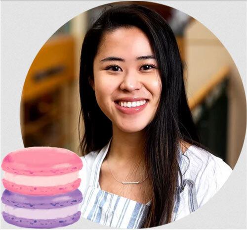 Caroline Ta ’21 headshot with pink and purple macaron illustration