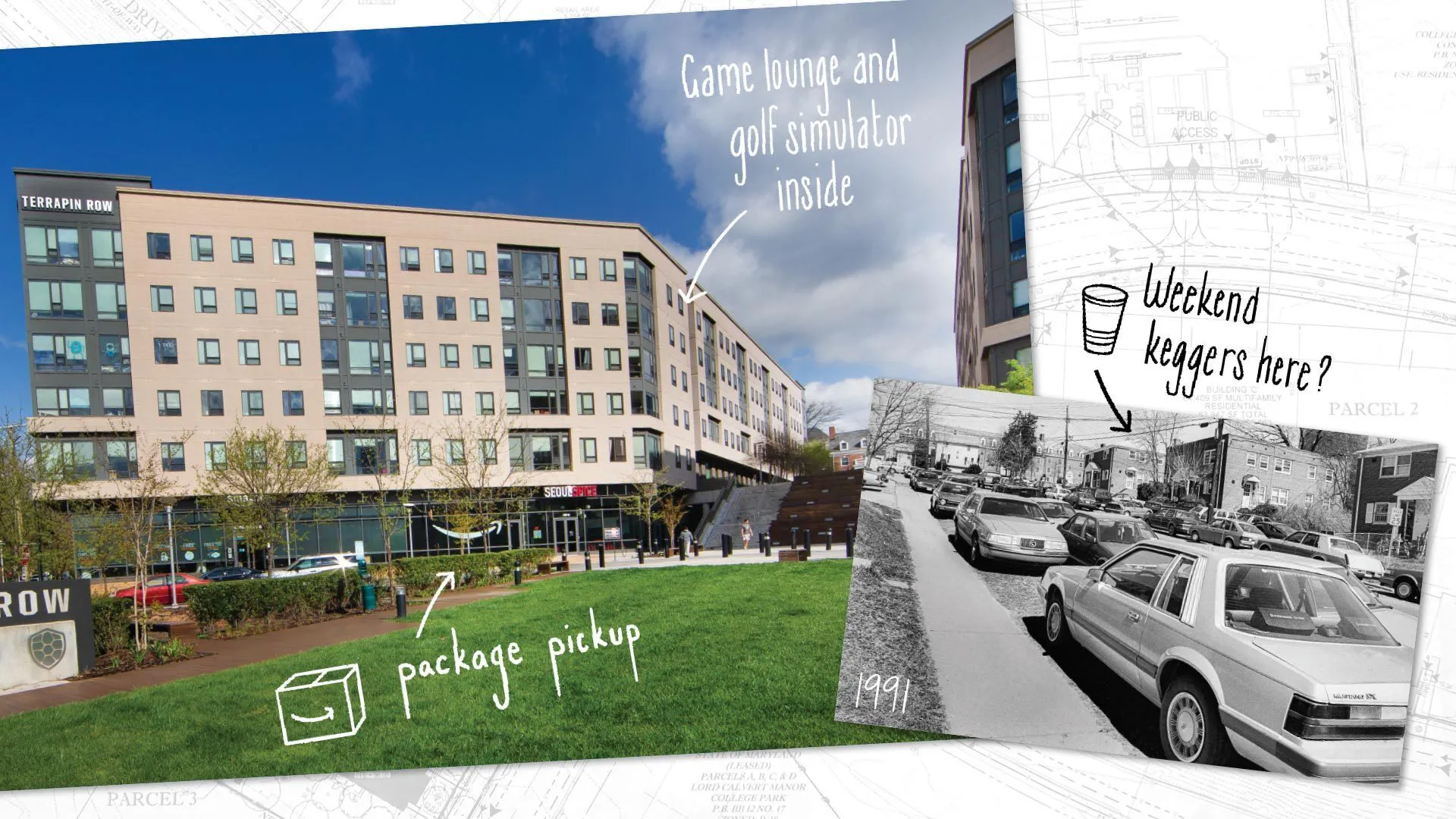 Archival photo of Knox Boxes: Weekend keggers here? And contemporary photo of Terrapin Row: Amazon package pickup, game lounge and golf simulator inside