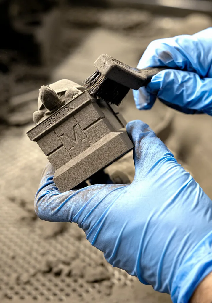 Blue gloved hands brush powder off of a mini Testudo