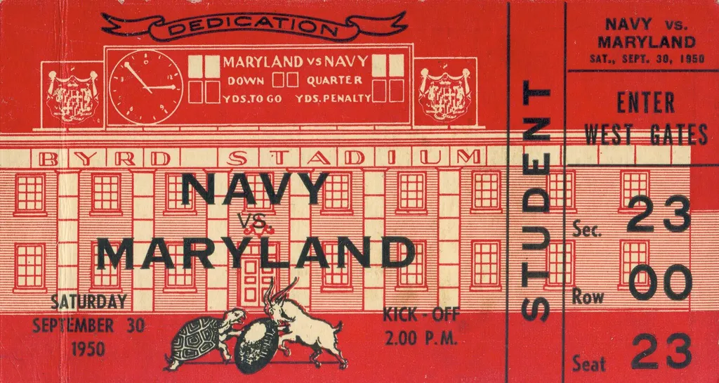 football game ticket: Navy vs. Maryland. Saturday, September 30, 1950. Kick-off 2:00 p.m.