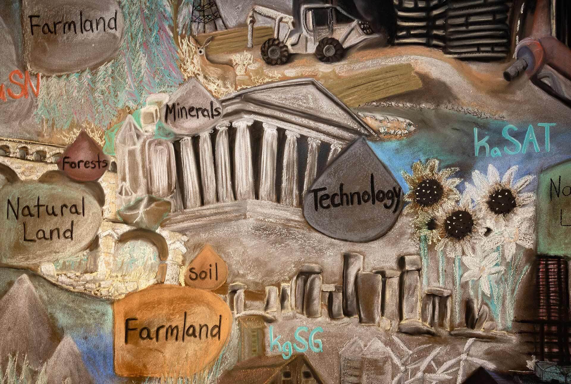 Chal mural showing forest, cars, Greek columns, Stonehenge, sunflowers