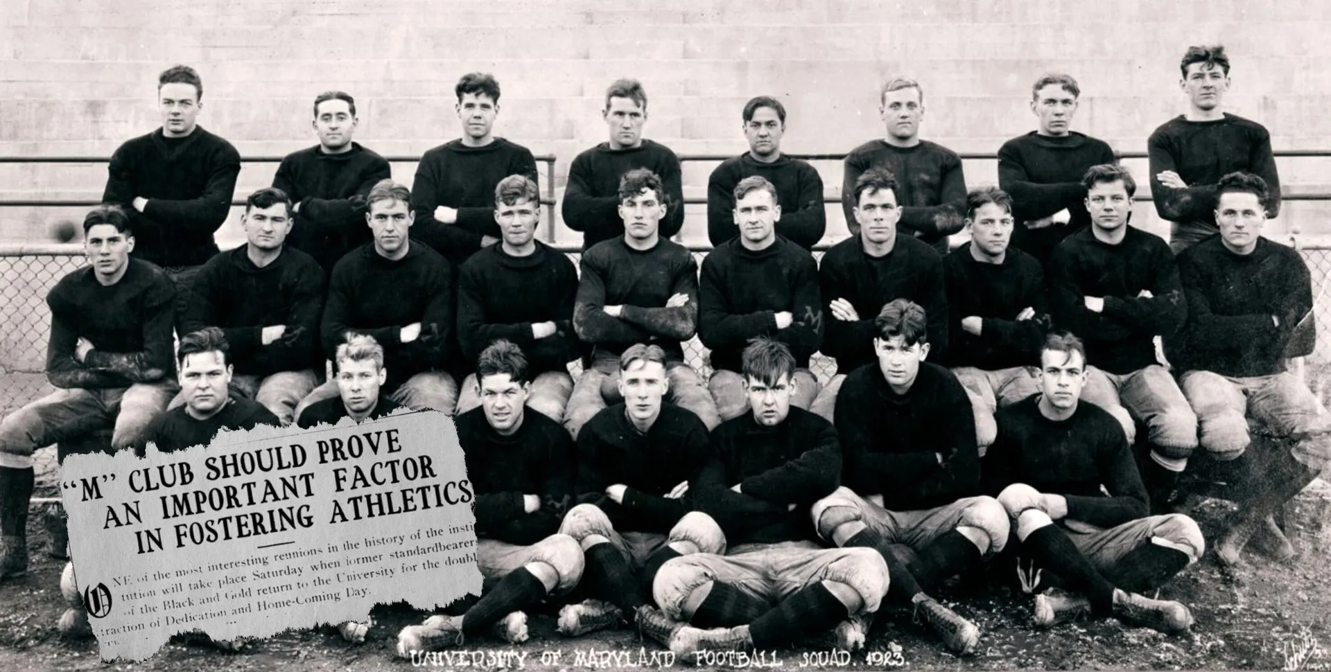 1923 UMD football team with newspaper clipping that reads, "M Club should prove an important factor in fostering athletics"