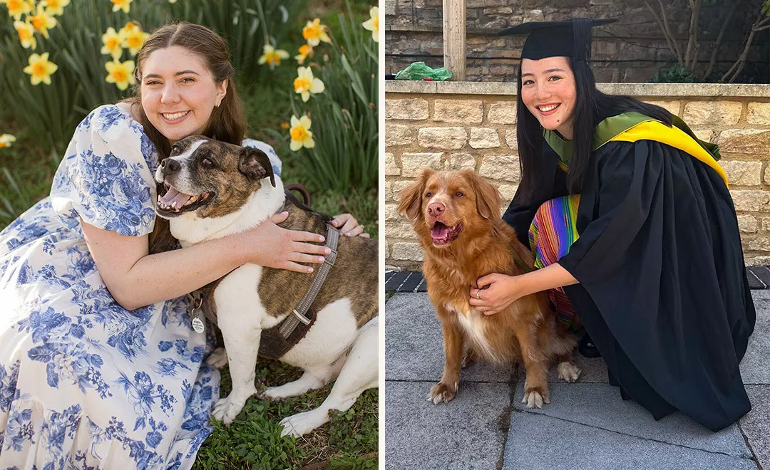 woman in white and blue floral dress hugs dog amid yellow flowers; another woman in grad regalia hugs another dog