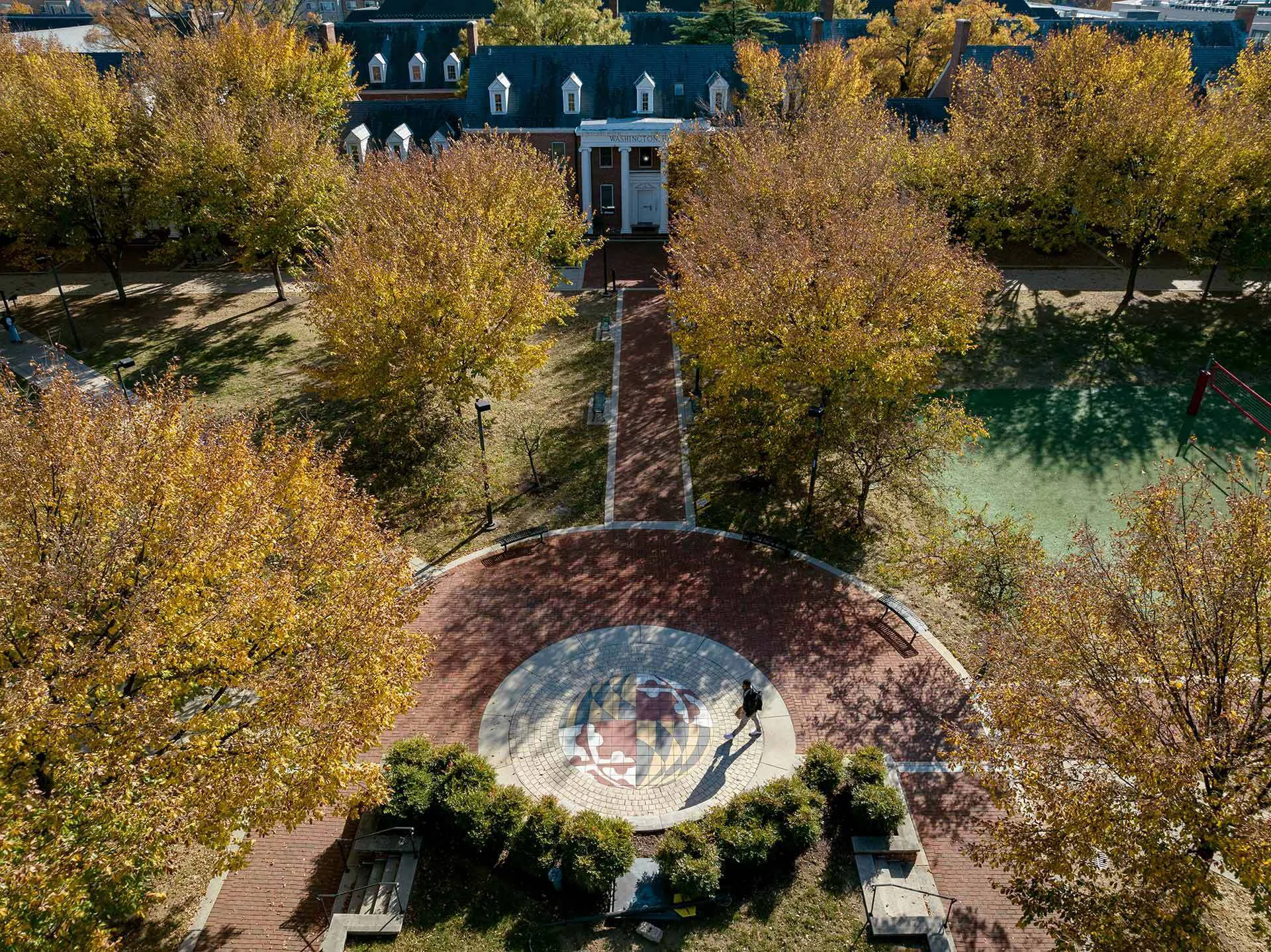 aerial view of Washington Quad in fall
