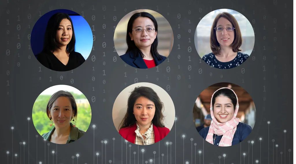 Headshots of Furong Huang (computer science), Min Wu (engineering), Dana Dachman-Soled (engineering), Niloufar Salehi (School of Information, UC Berkeley), Ge Gao (iSchool) and Marine Carpuat (computer science)