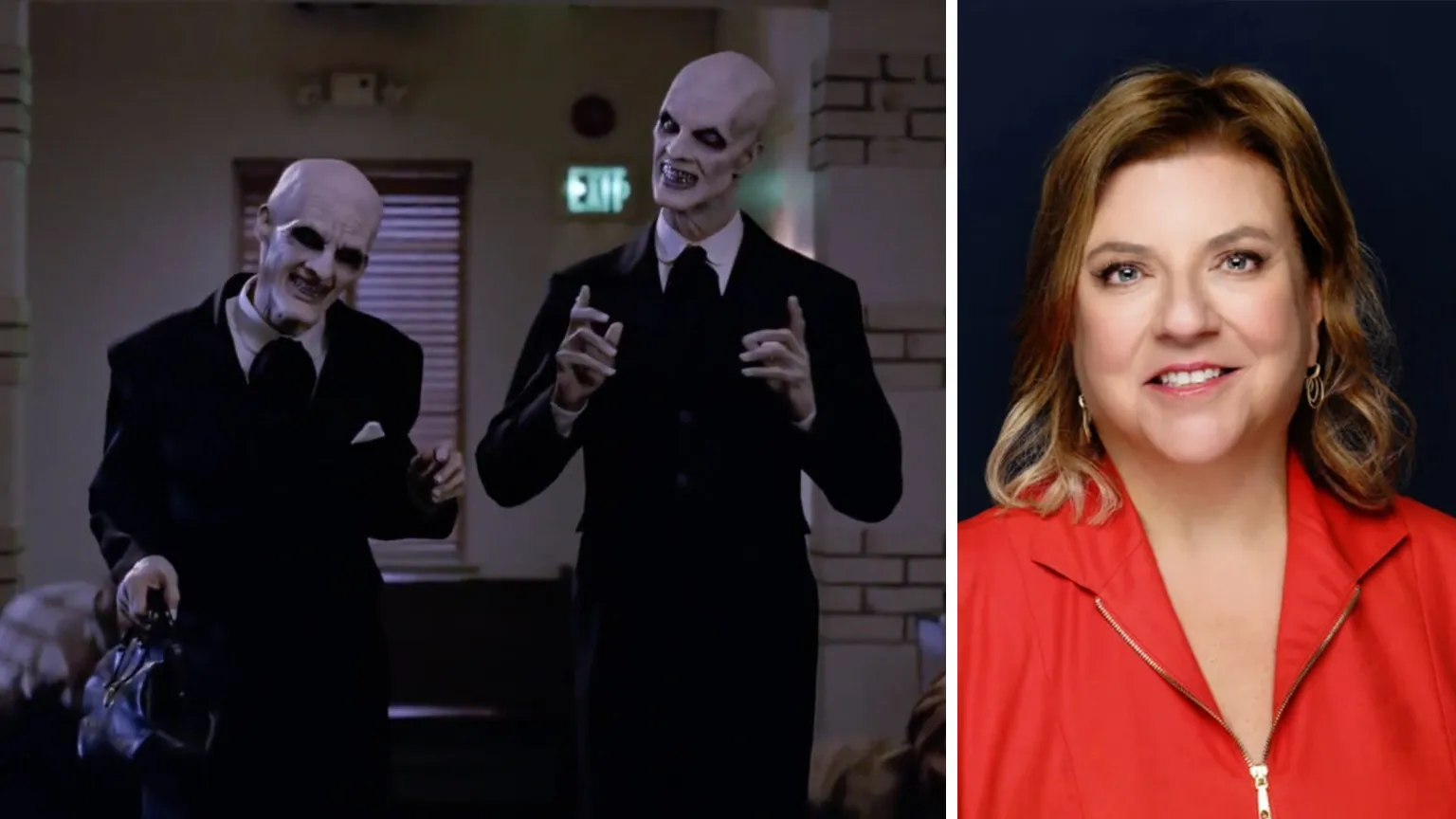 Split screen of pale bald scary creatures in suits and Gail Berman