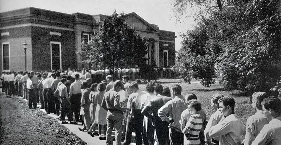 Students line up