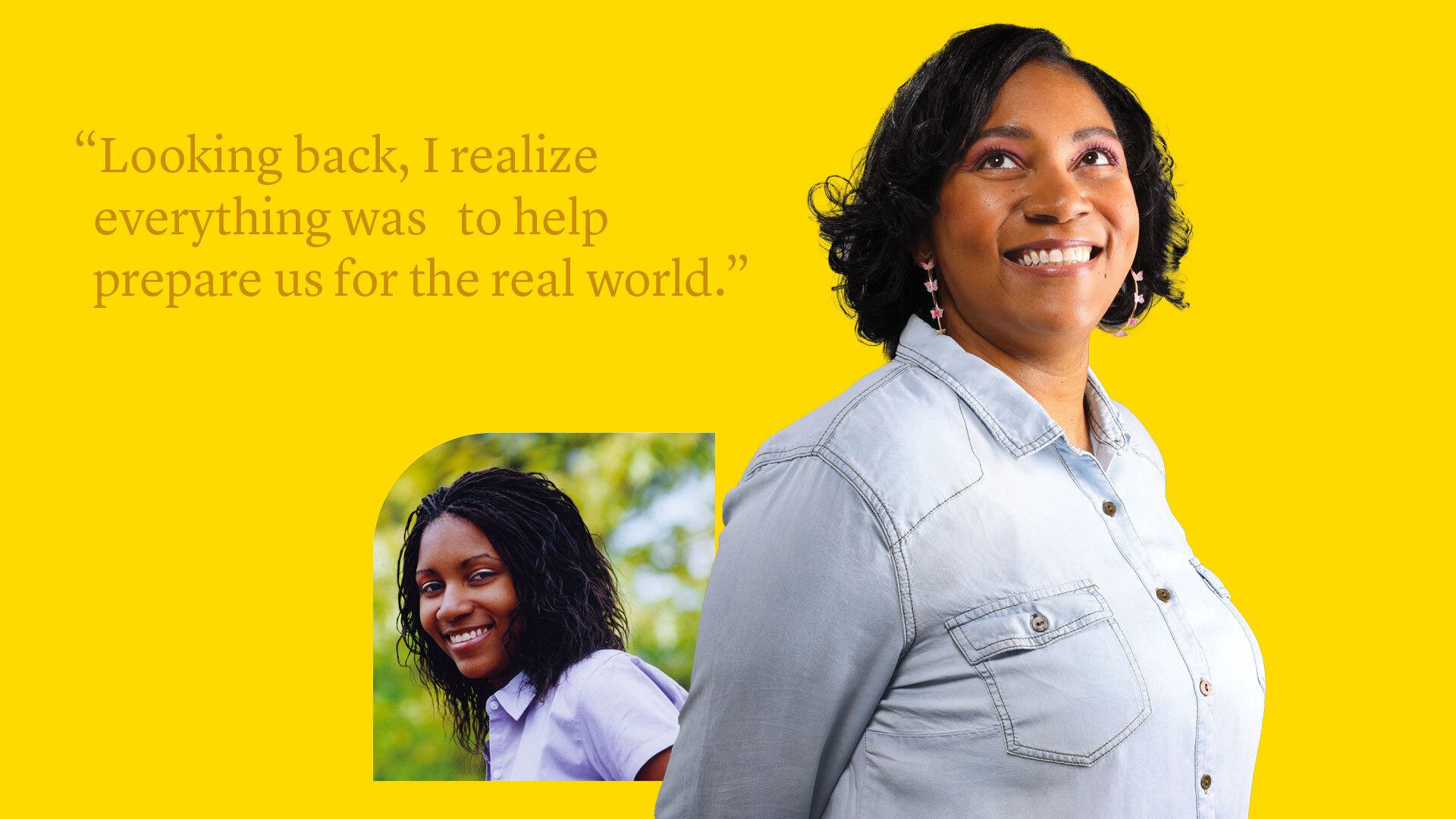Essence Jordan portraits on yellow background with quote: "Looking back, I realize everything was to help prepare us for the real world."