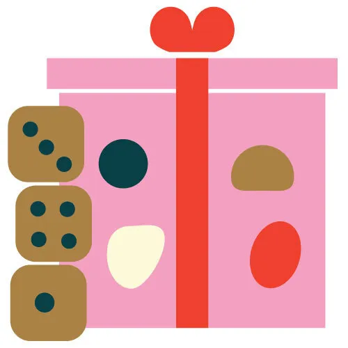 Illustration of dice and a gift box