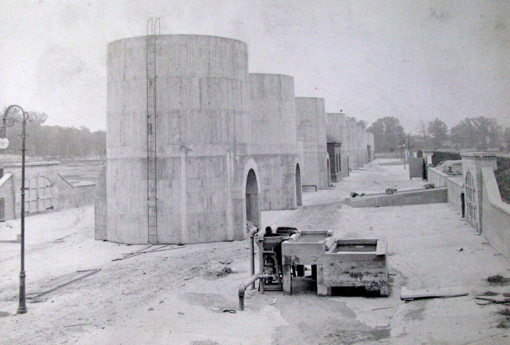 Black and white photo of historic silo bins