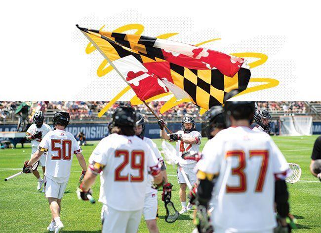 men's lacrosse player waves Maryland flag