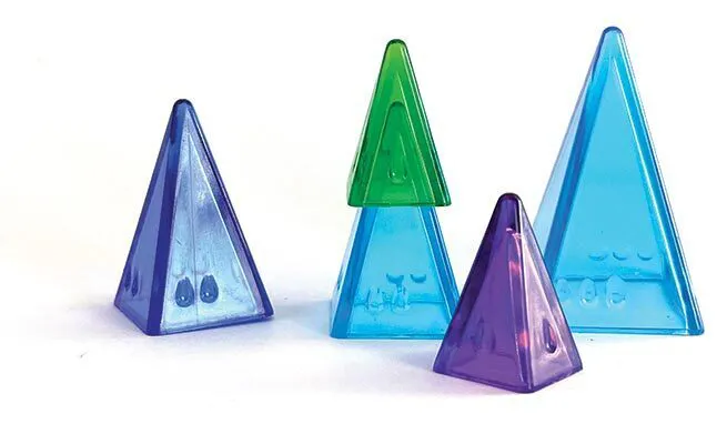 blue, green and purple pyramid game pieces