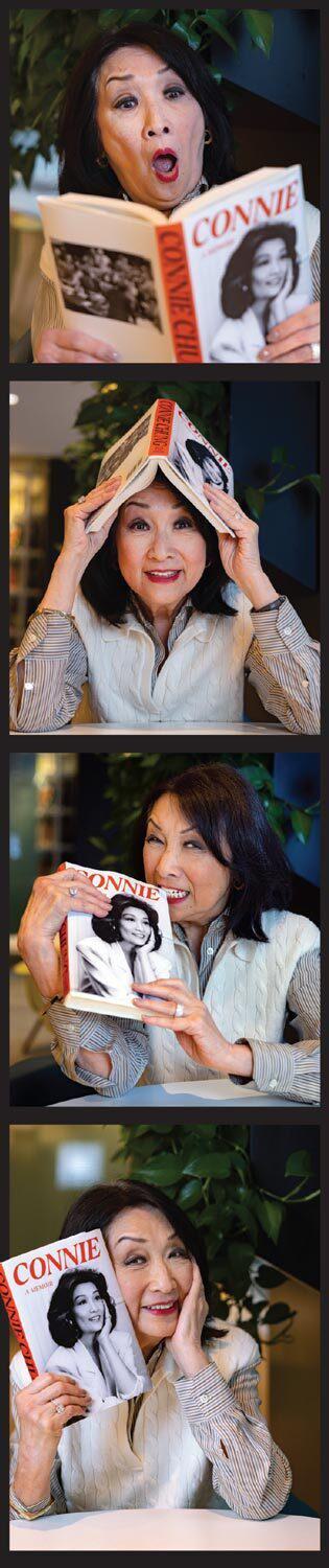 four pictures of Connie with her book: one with book open looking surprised, one with the book on her head, one with her biting the book, one with her smiling