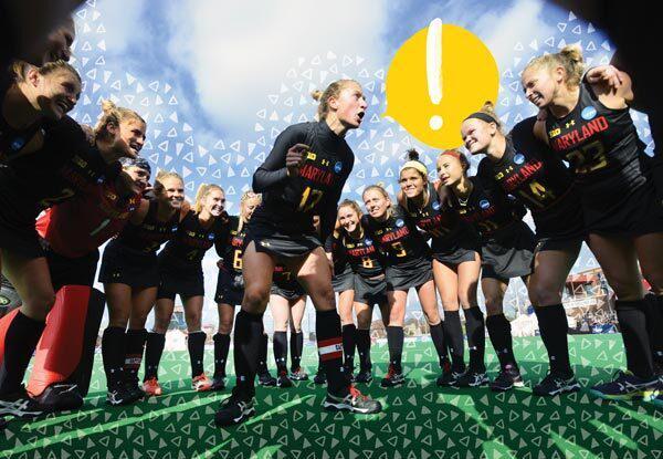 field hockey team huddles with exclamation point illustration