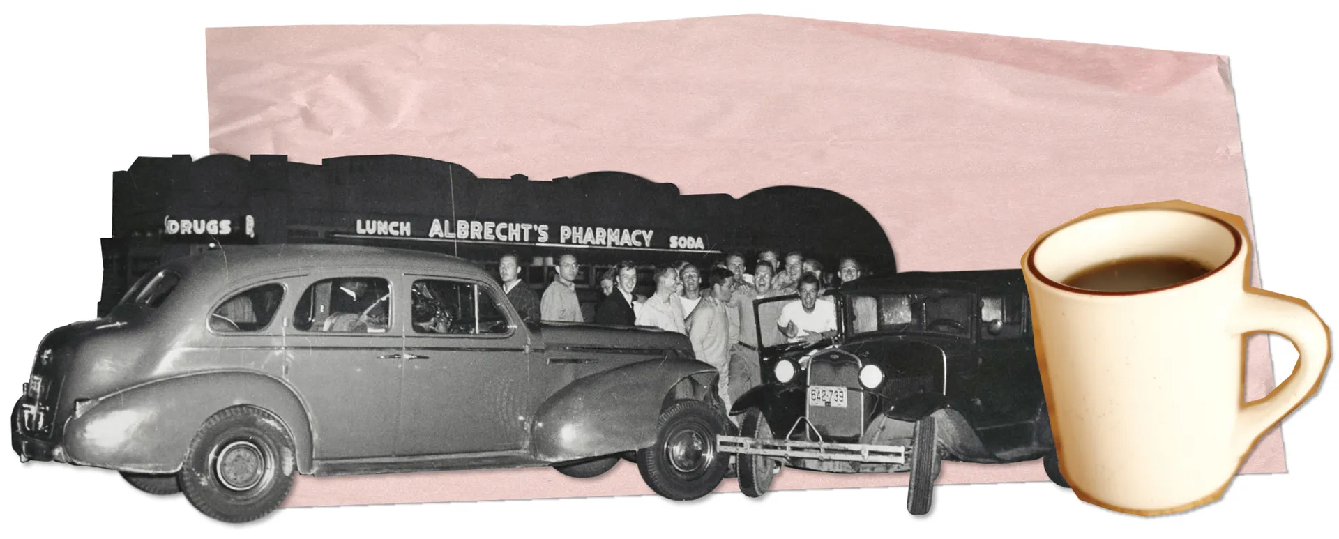 collage of old-fashioned cars at Albrecht's Pharmacy and a cup of coffee