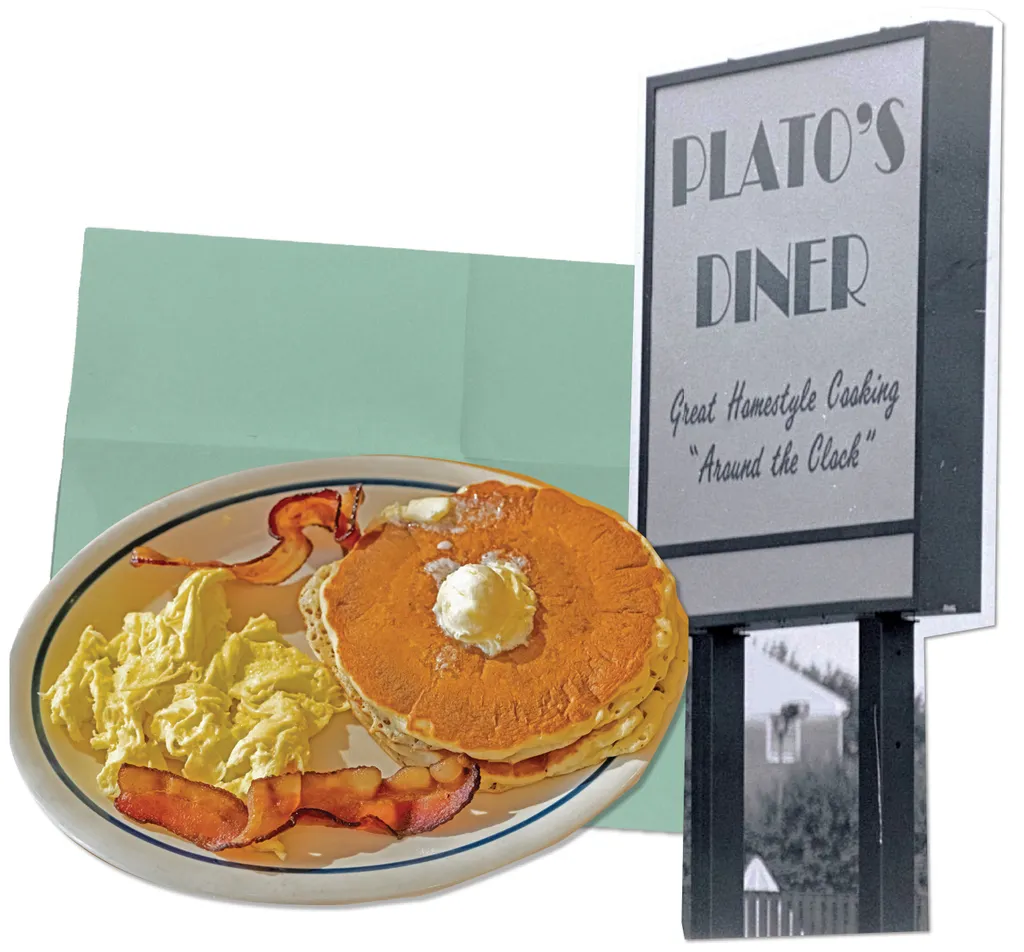 sign that reads, "Plato's Diner: Great Homestyle Cooking Around the Clock" and a plate of pancakes, eggs and bacon