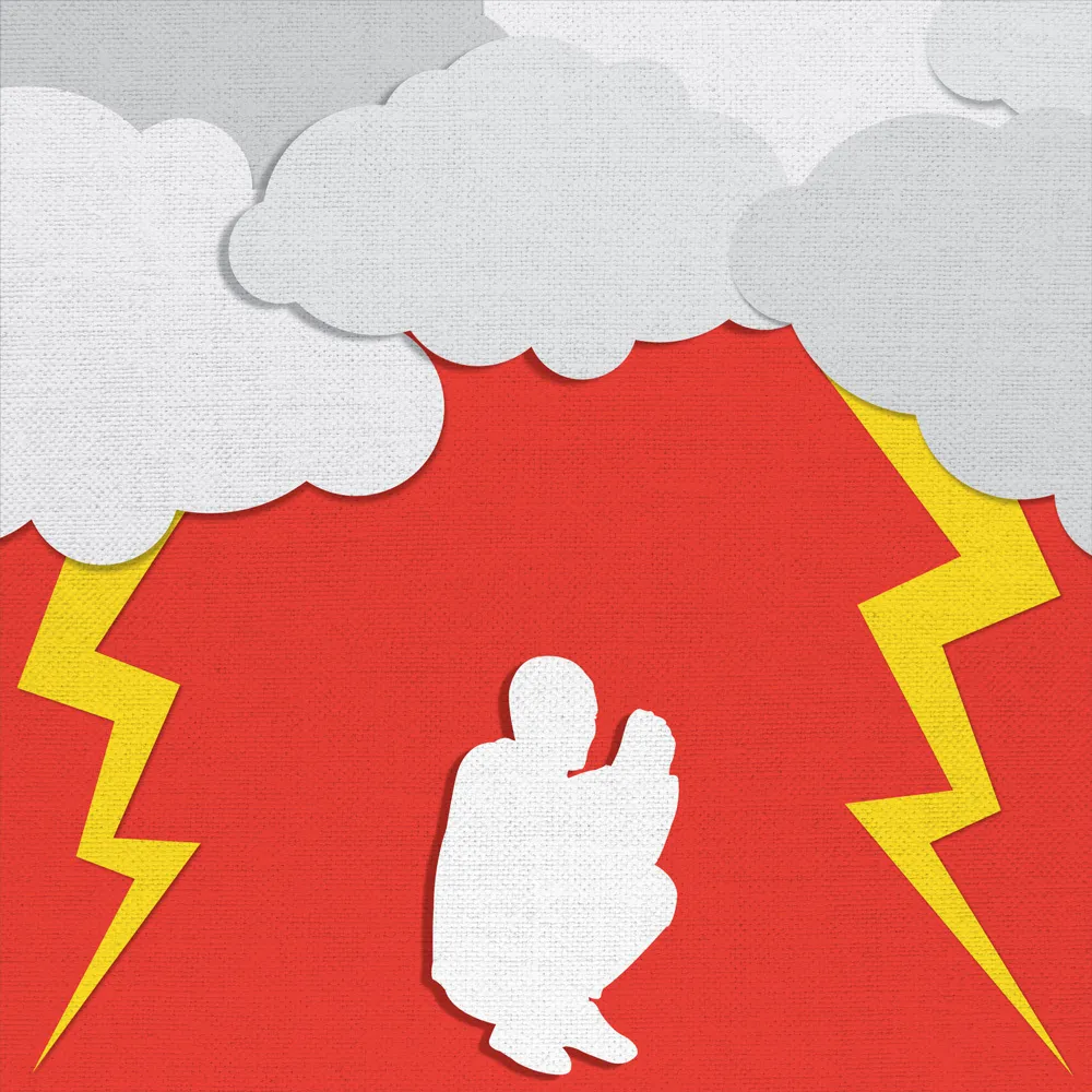lightning striking near someone getting low illustration