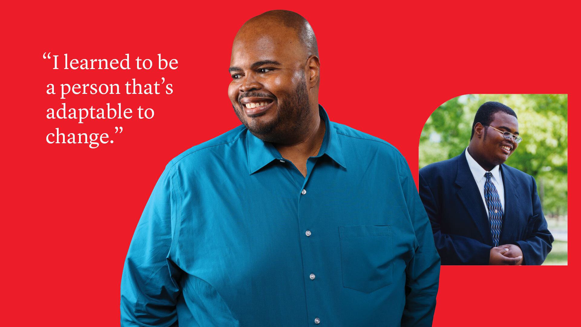 Myron Goldstein portraits on red background with quote: "I learned to be a person that's adaptable to change."