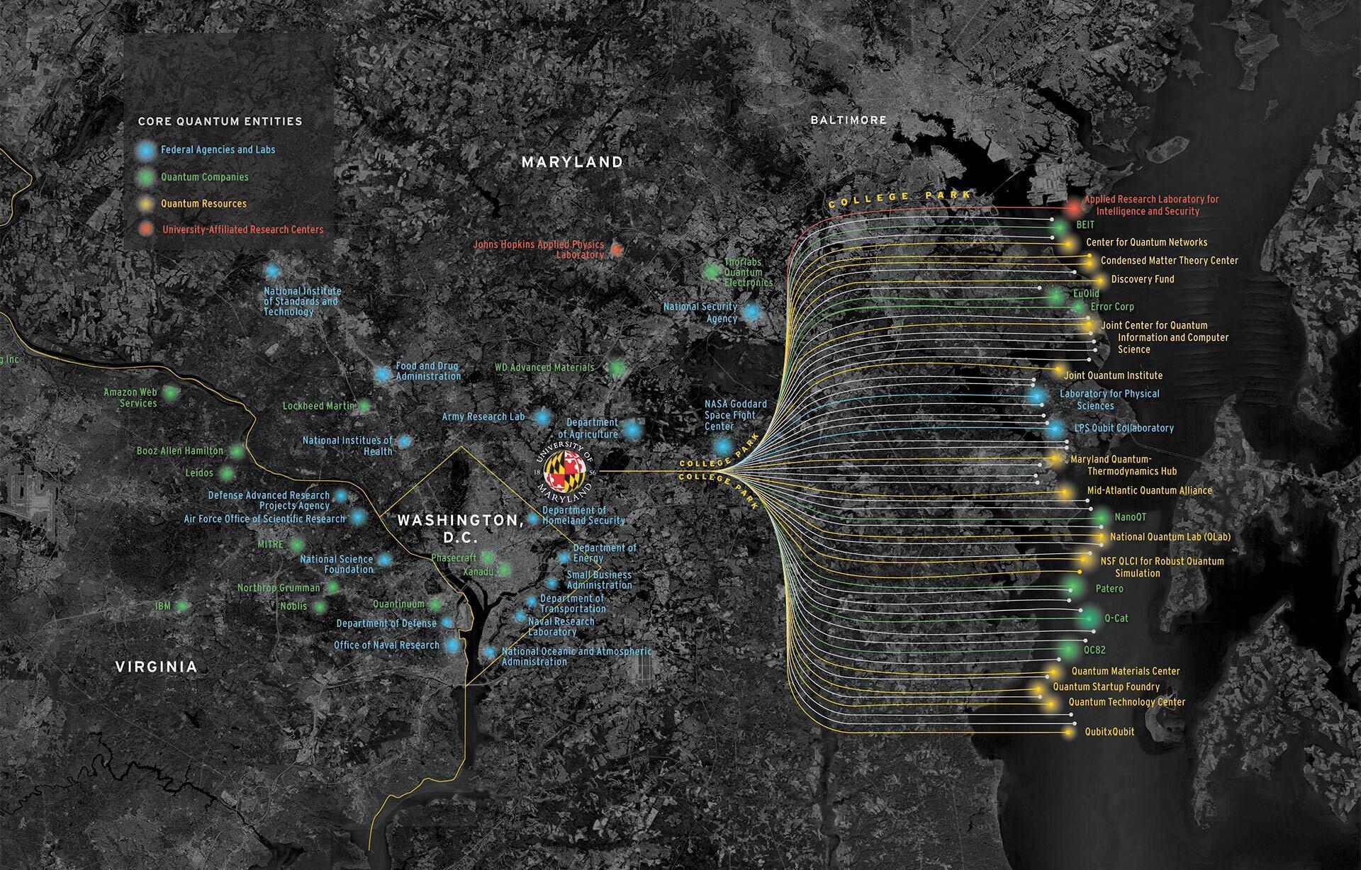 map showing core quantum entities in Maryland, D.C. and Virginia: federal agencies and labs, quantum companies, quantum resources and university-affiliated research centers