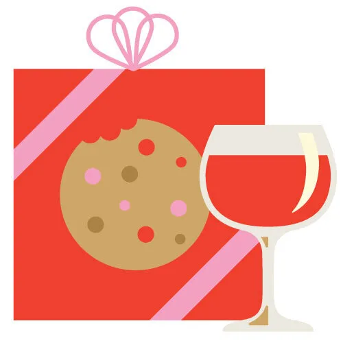 illustration of cookie in a present box and a glass of wine