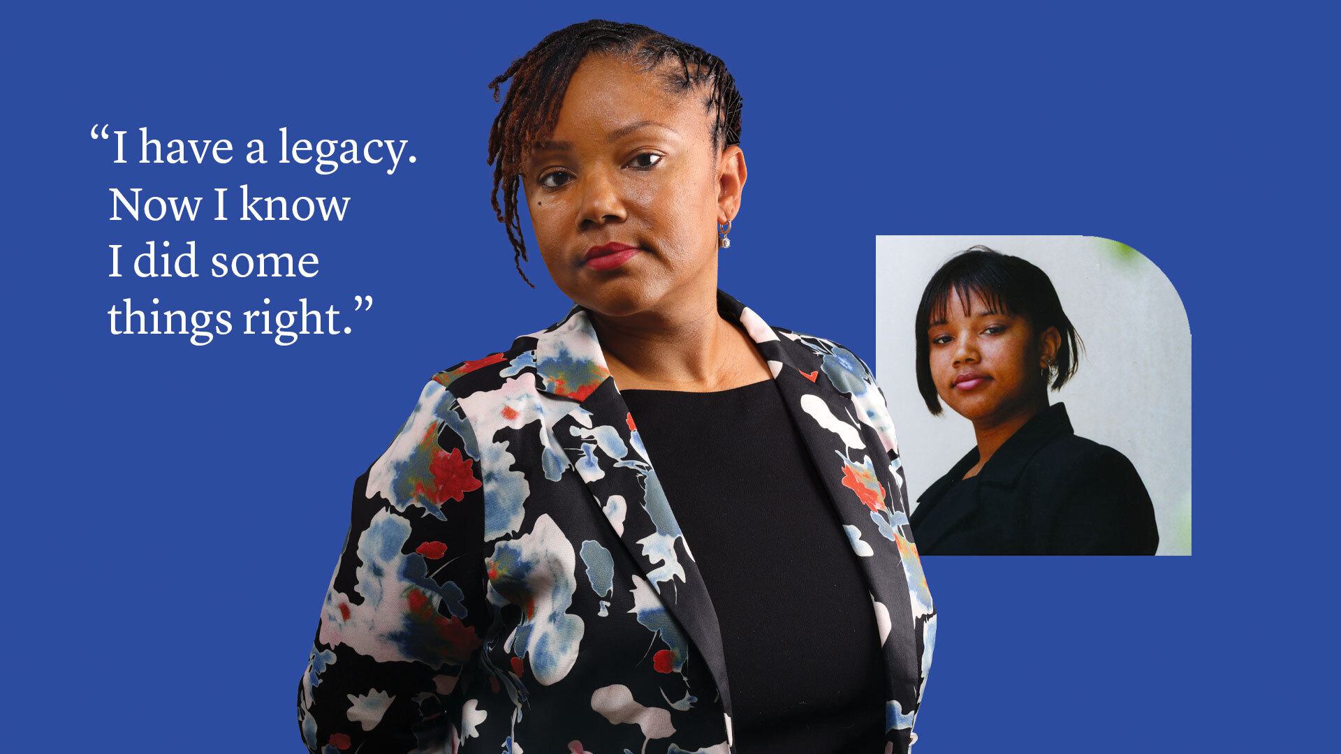 Yavona Pirali portraits on blue background with quote: "I have a legacy. Now I know I did some things right."