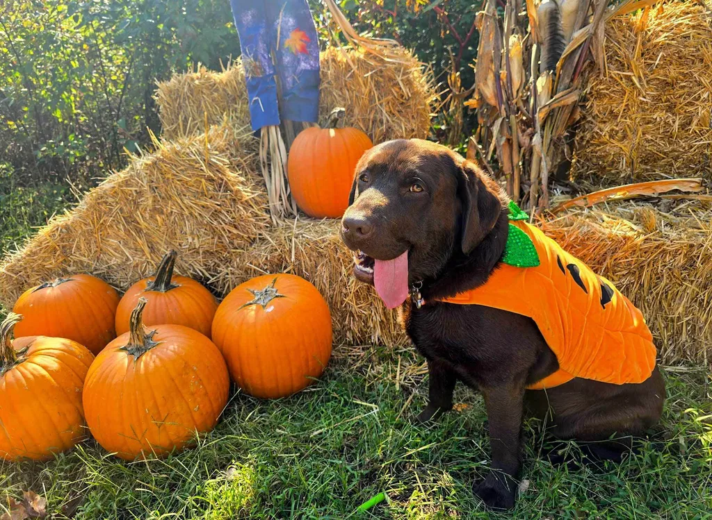 A dog dressed as a pumpkin sitting next to pumpkins