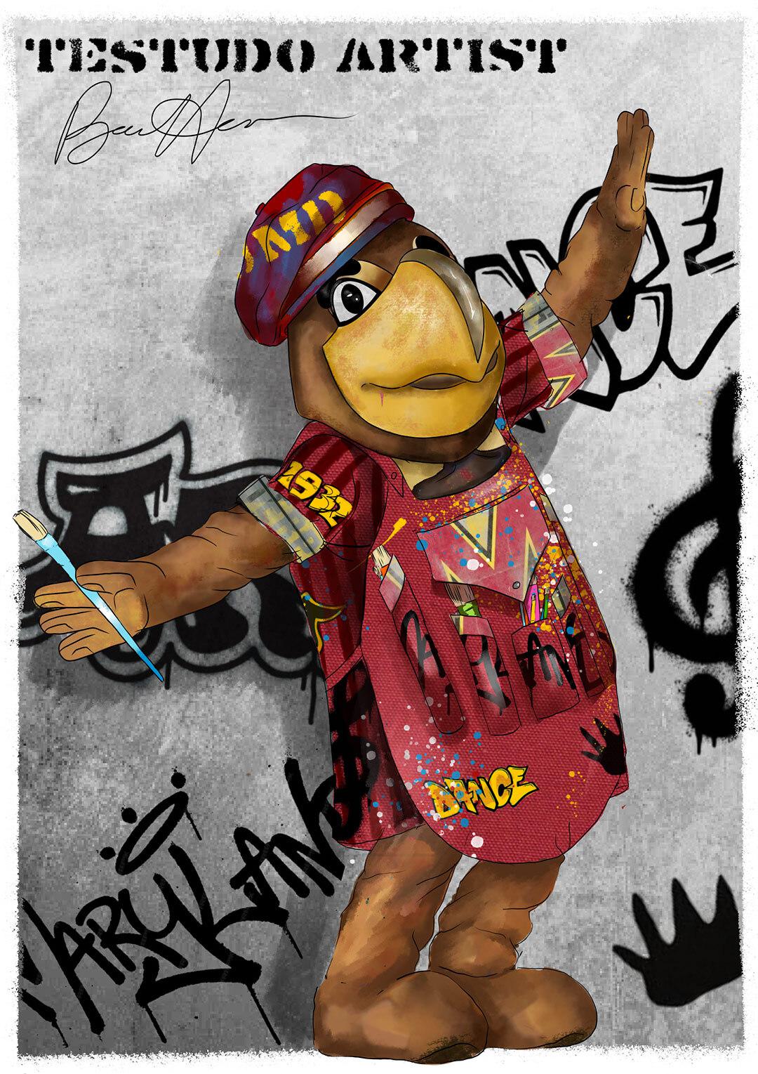 Sketch of Testudo wearing red artist's smock, with graffiti background