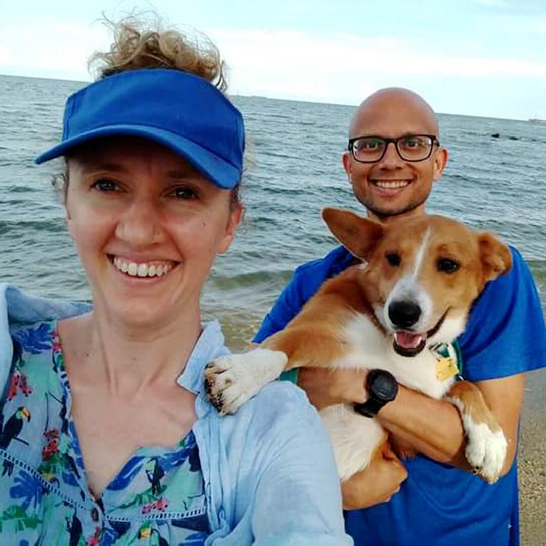 Pratyush Tiwary and Megan Newcombe with dog at beach