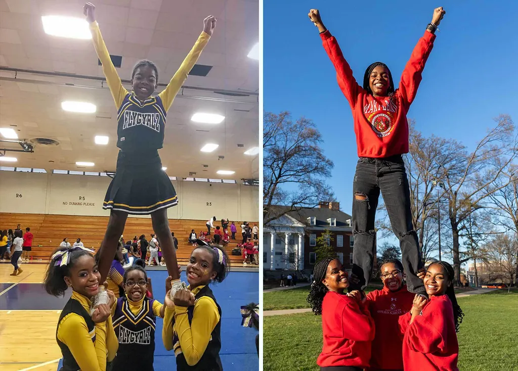 A childhood photo of sisters doing a cheerleading move, three holding one up in the air; a present-day version of the same photo
