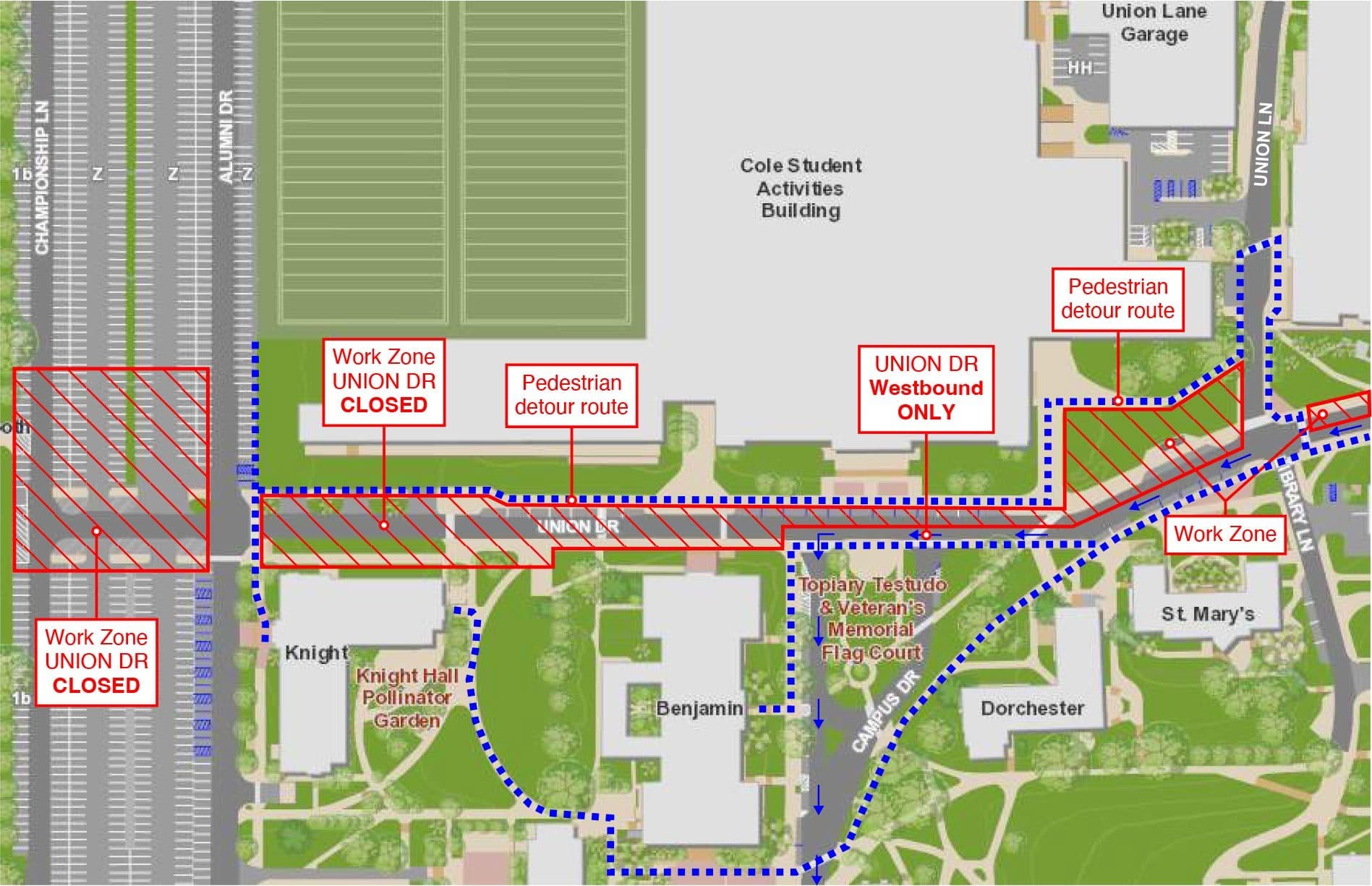 map showing Pedestrian detours along Union Drive near the Cole Student Activities Building