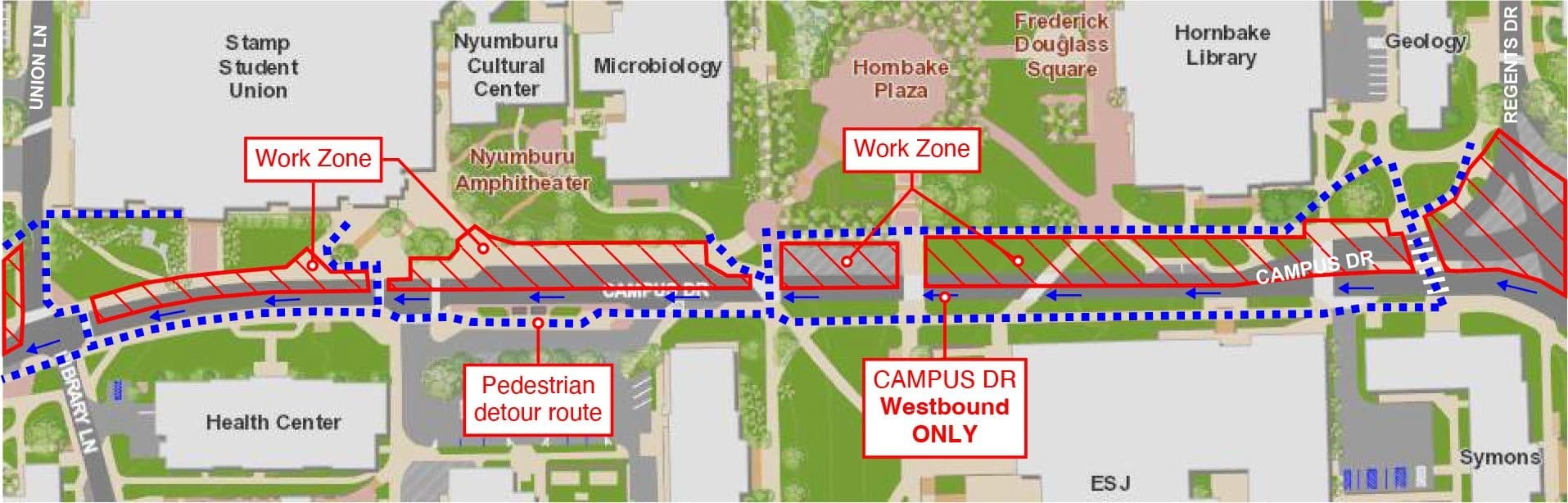 map showing pedestrian detours along Campus Drive through the center of campus