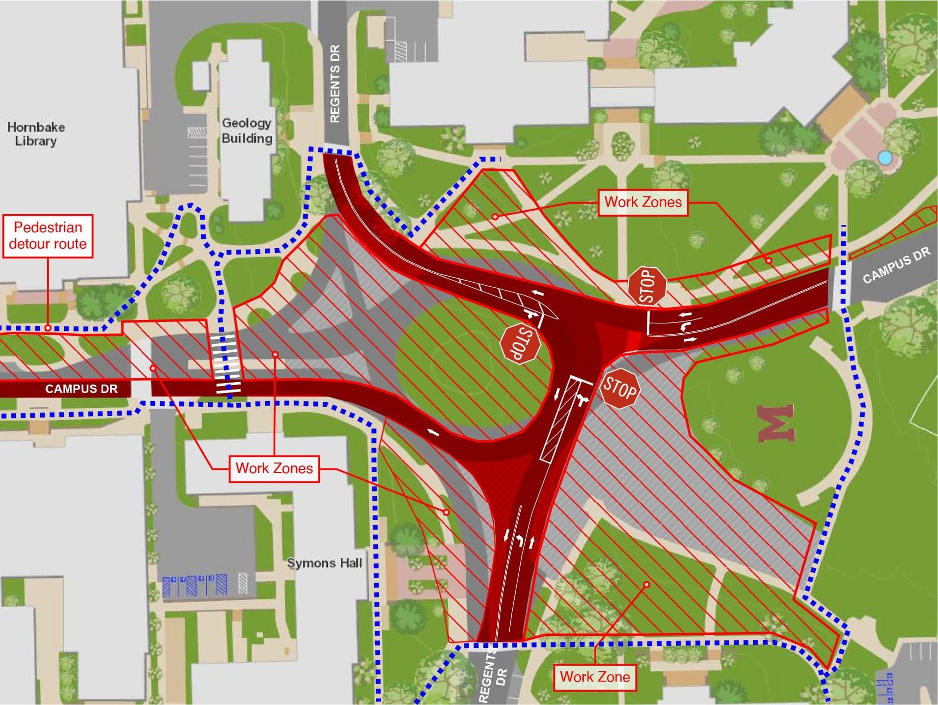 map showing pedestrian detour near the intersection of Regents and Campus Drives