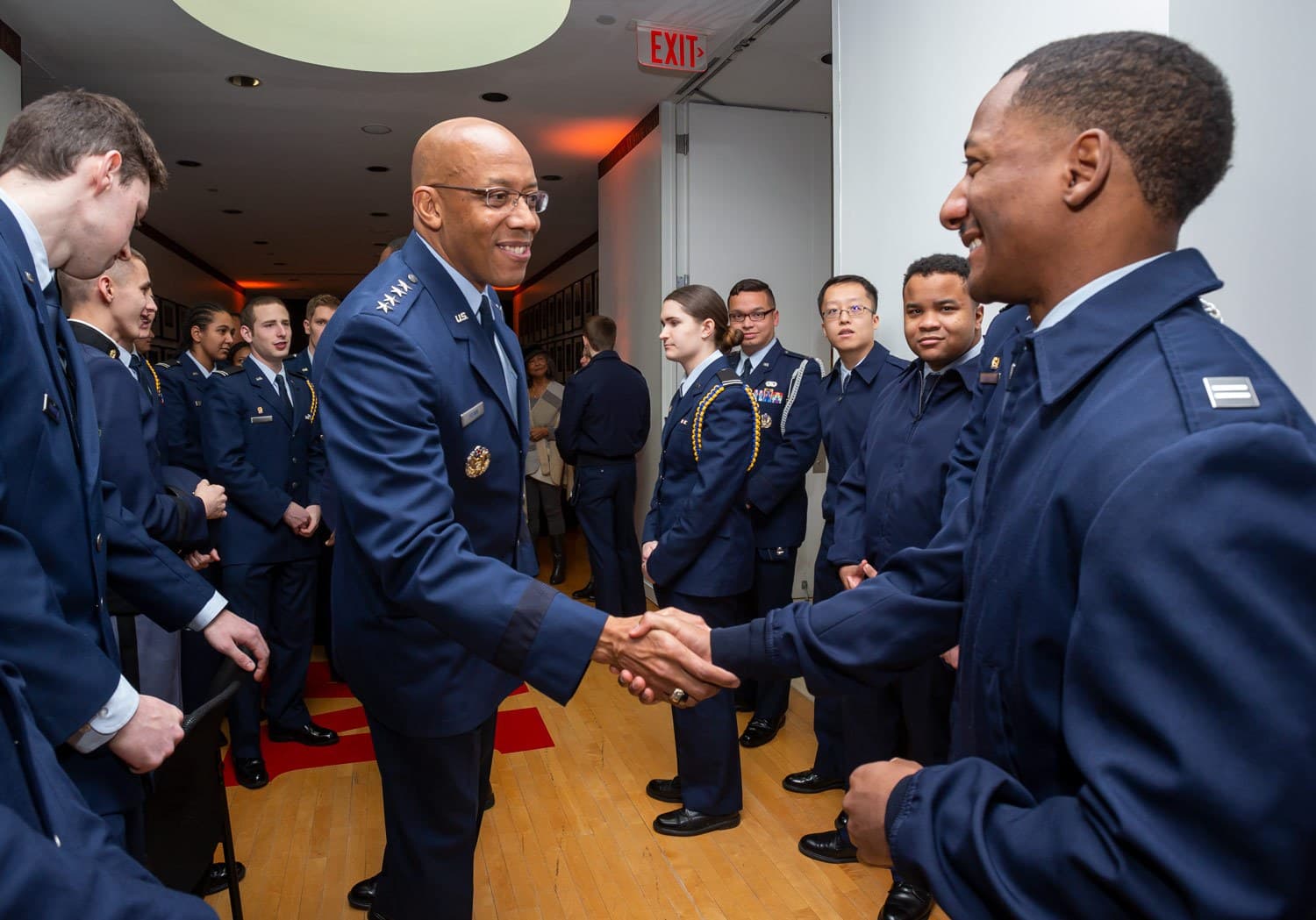 Air Force general shakes hands with a cadet