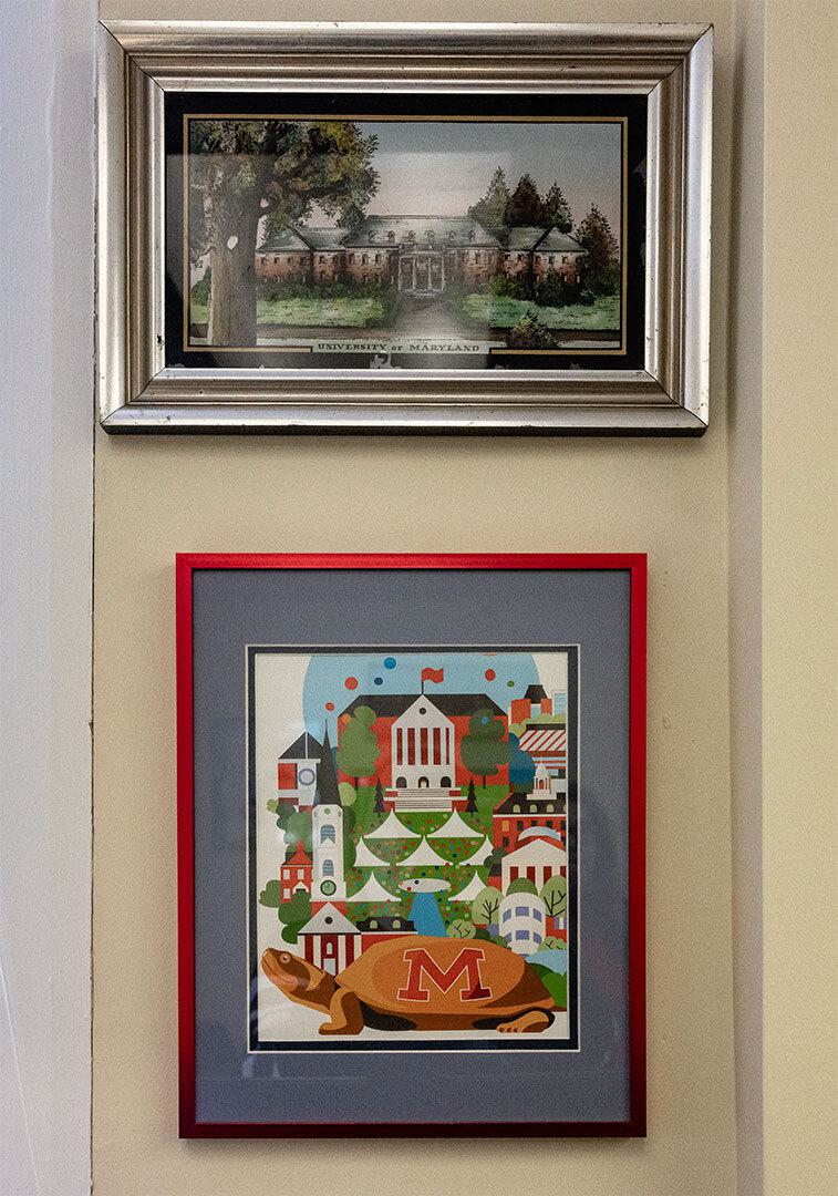 Two framed images of buildings on UMD's campus