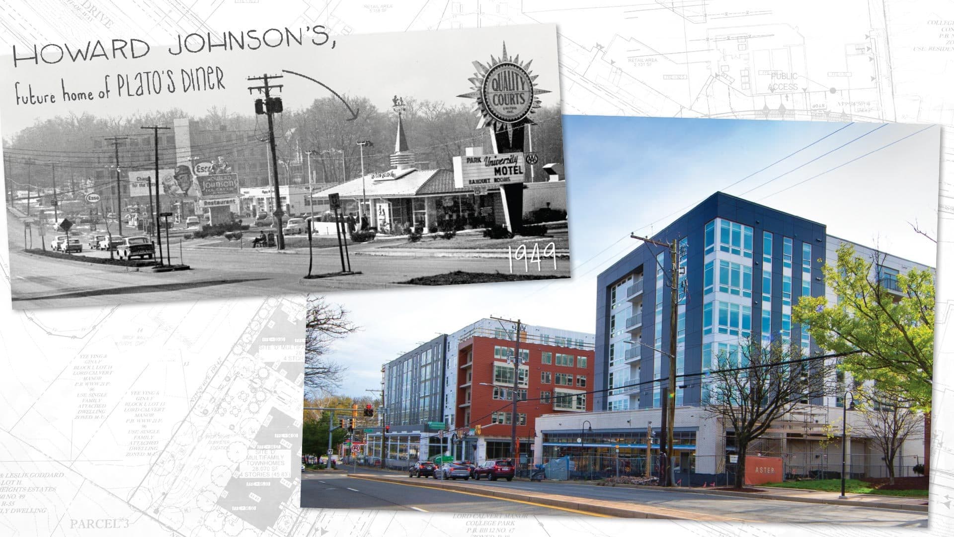 Archival photo of Howard Johnson's, future home of Plato's Diner, and contemporary photo of Aster College Park
